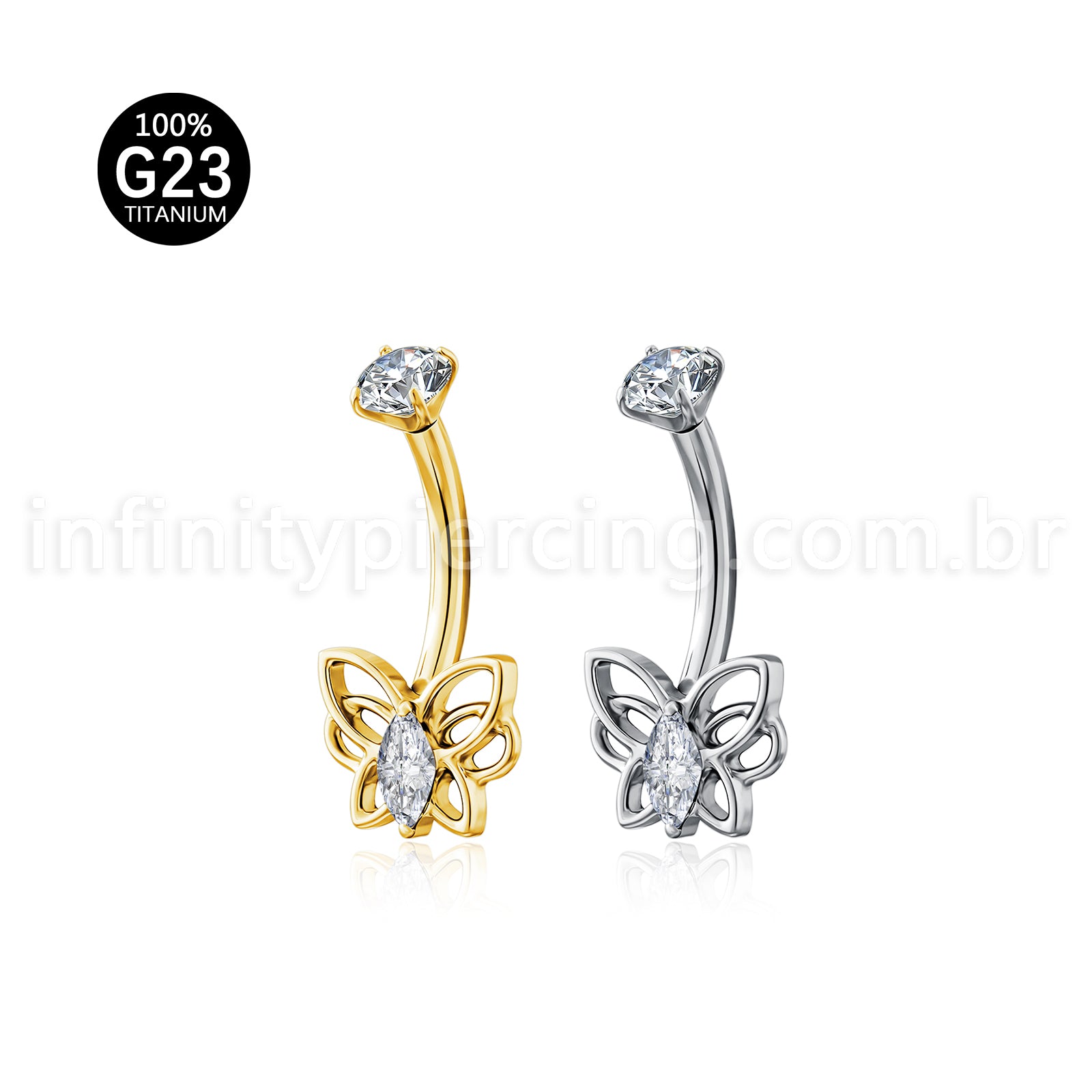 Piercing Banana Titânio Borboleta Zircônia Cravejada